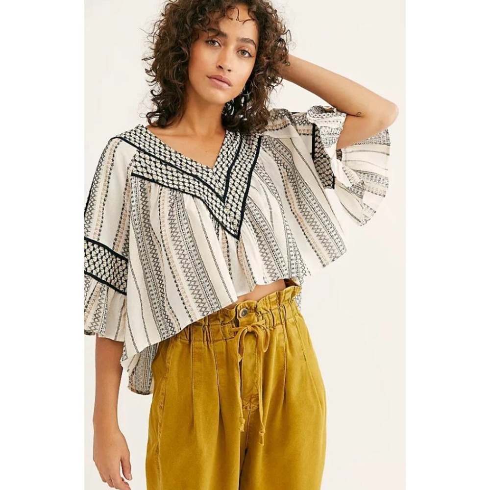Free People Runnin on a Dream Embroidered Crop Top Ruffle 3/4 Sleeve Festival S